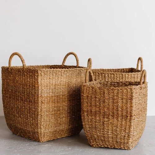 Handwoven Natural Hogla Grass Square Laundry Basket