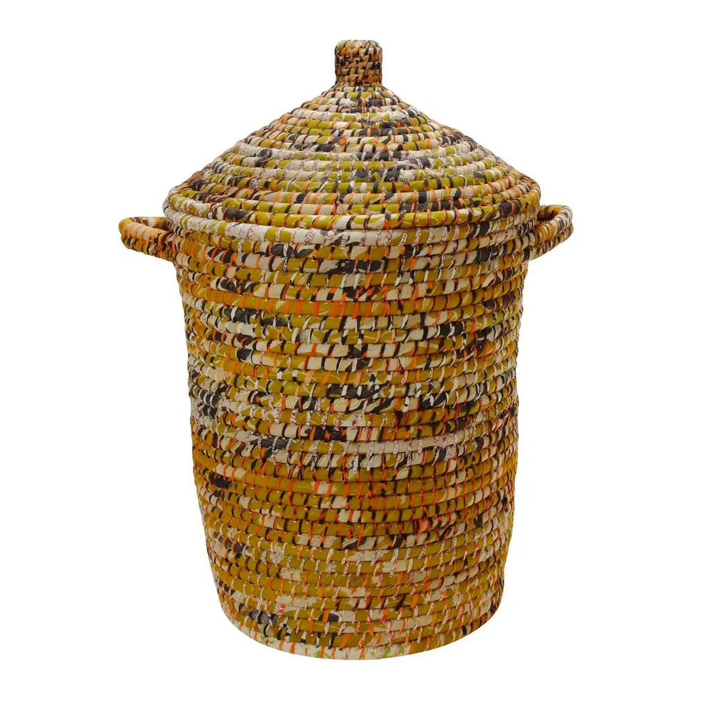 Panier à Linge en Sari Recyclé et Herbe de Kaisa Tissé à la Main