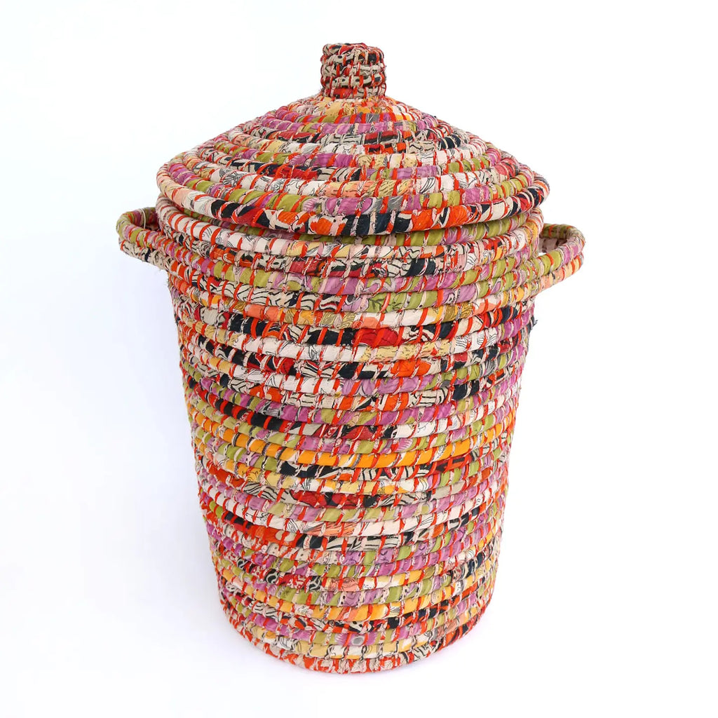 Handwoven Recycled Sari & Kaisa Grass Laundry Hamper