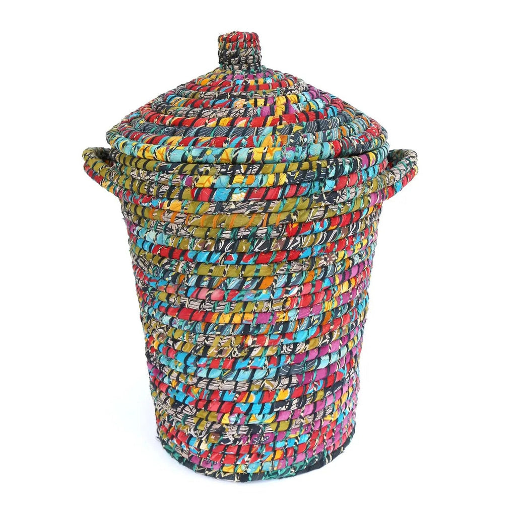 Panier à Linge en Sari Recyclé et Herbe de Kaisa Tissé à la Main