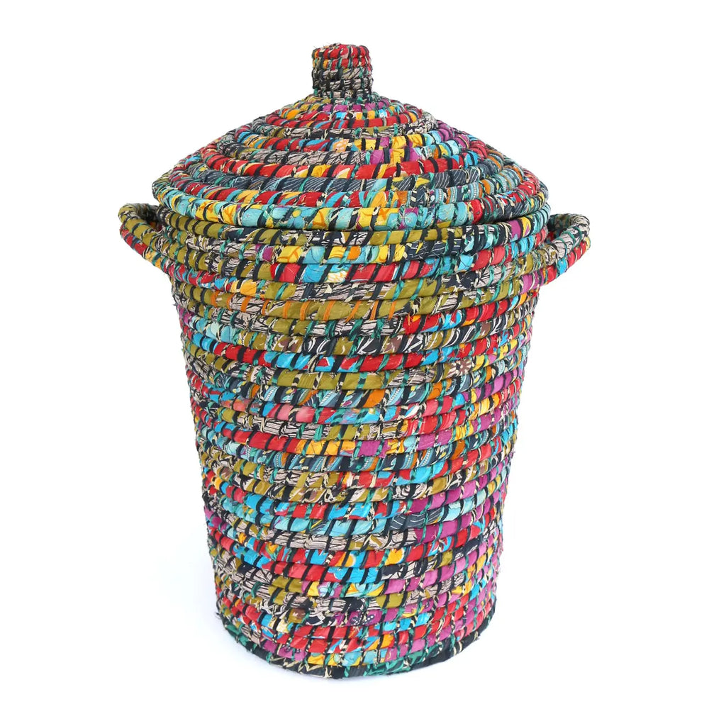 Handwoven Recycled Sari & Kaisa Grass Laundry Hamper